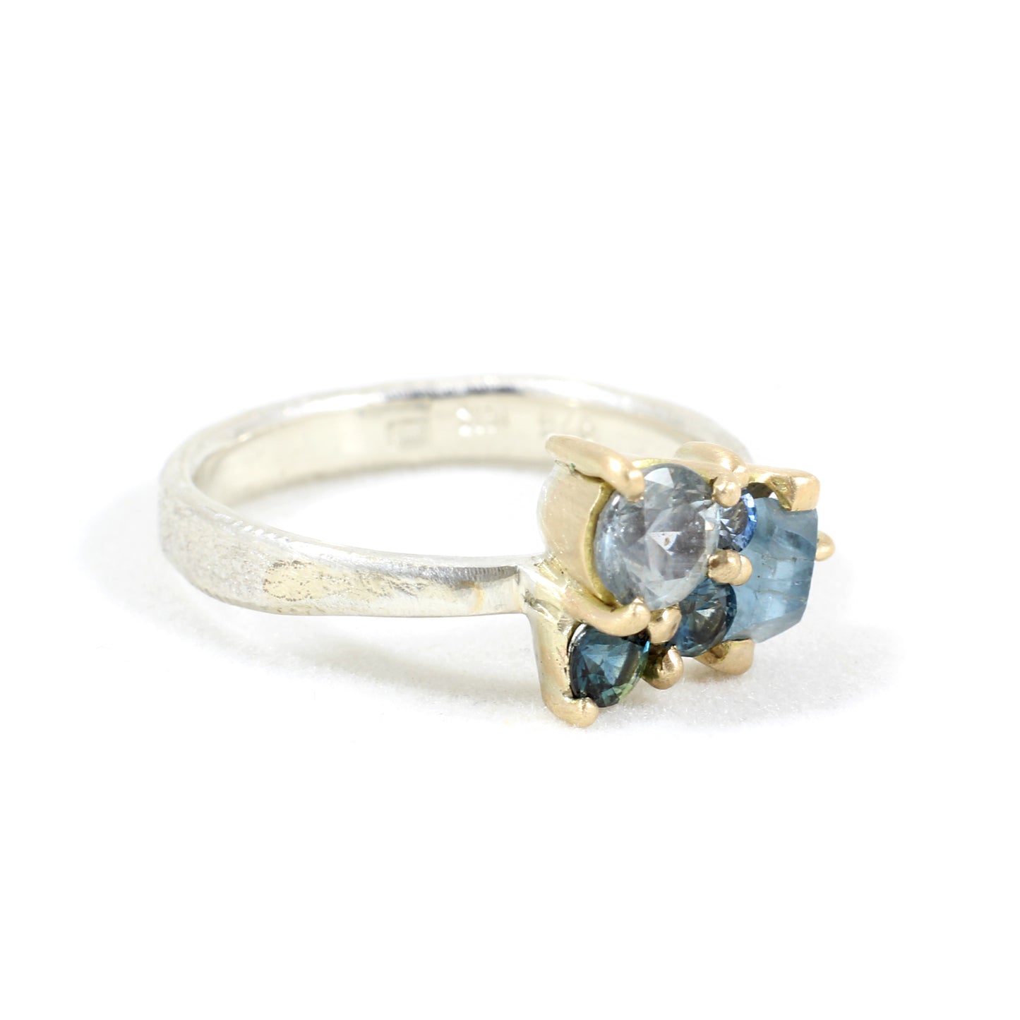 The Cassy Ring - Aquamarine and sapphire cluster ring in textured gold and silver