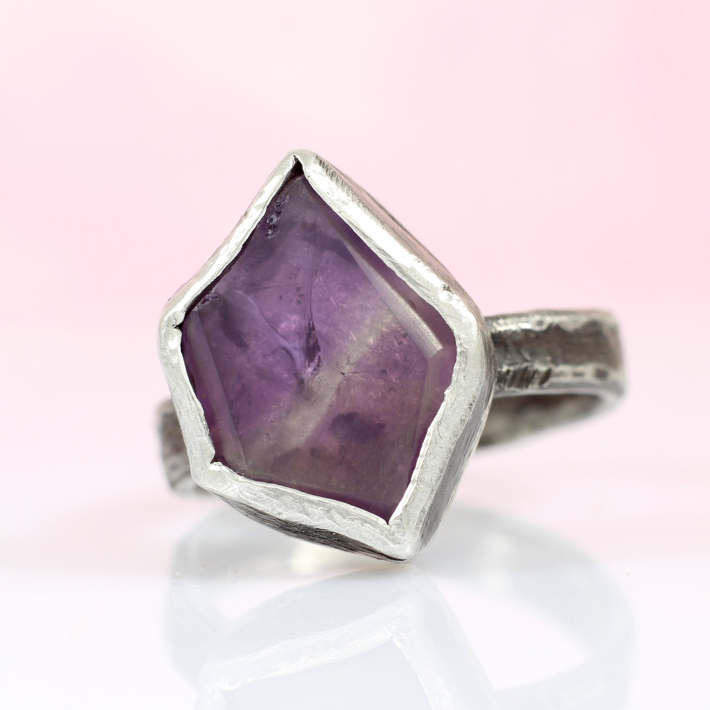 Amethyst Flat Rock Ring - Raw Amethyst on an oxidized silver band