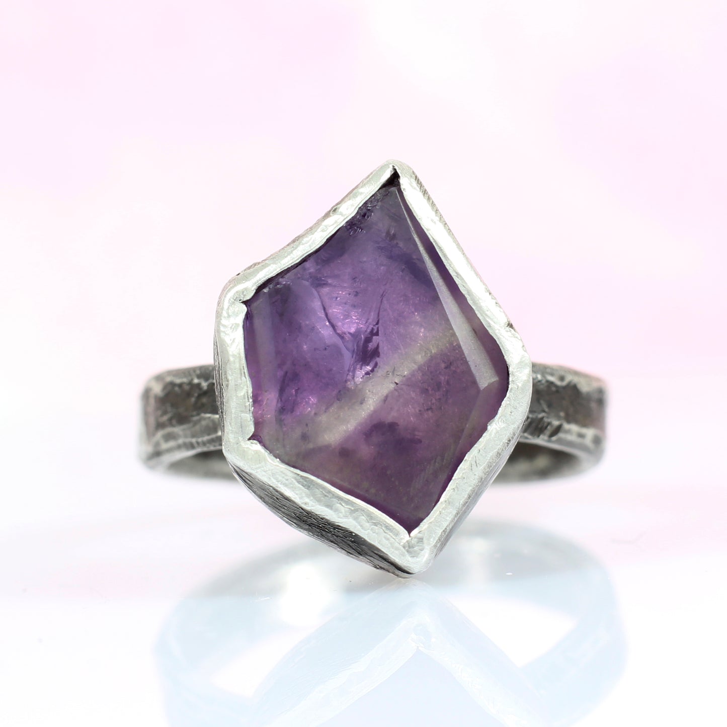 Amethyst Flat Rock Ring - Raw Amethyst on an oxidized silver band