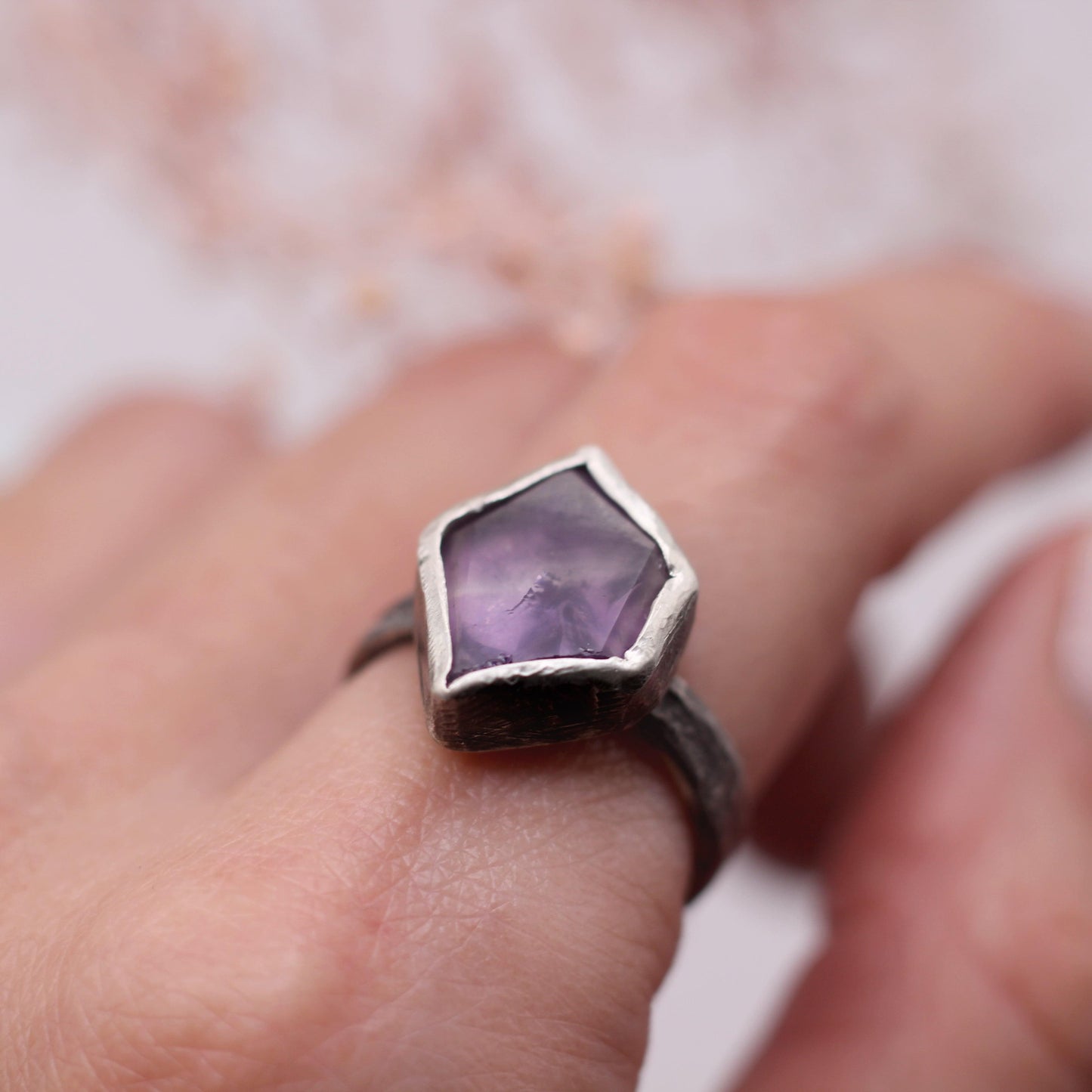 Amethyst Flat Rock Ring - Raw Amethyst on an oxidized silver band
