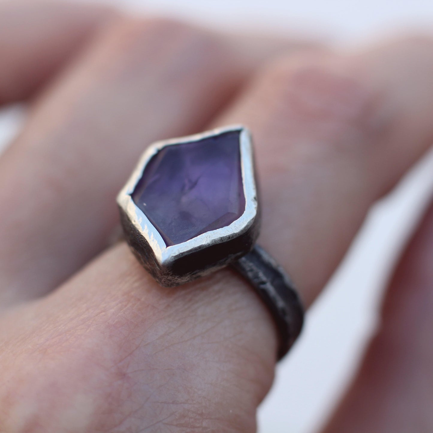 Amethyst Flat Rock Ring - Raw Amethyst on an oxidized silver band