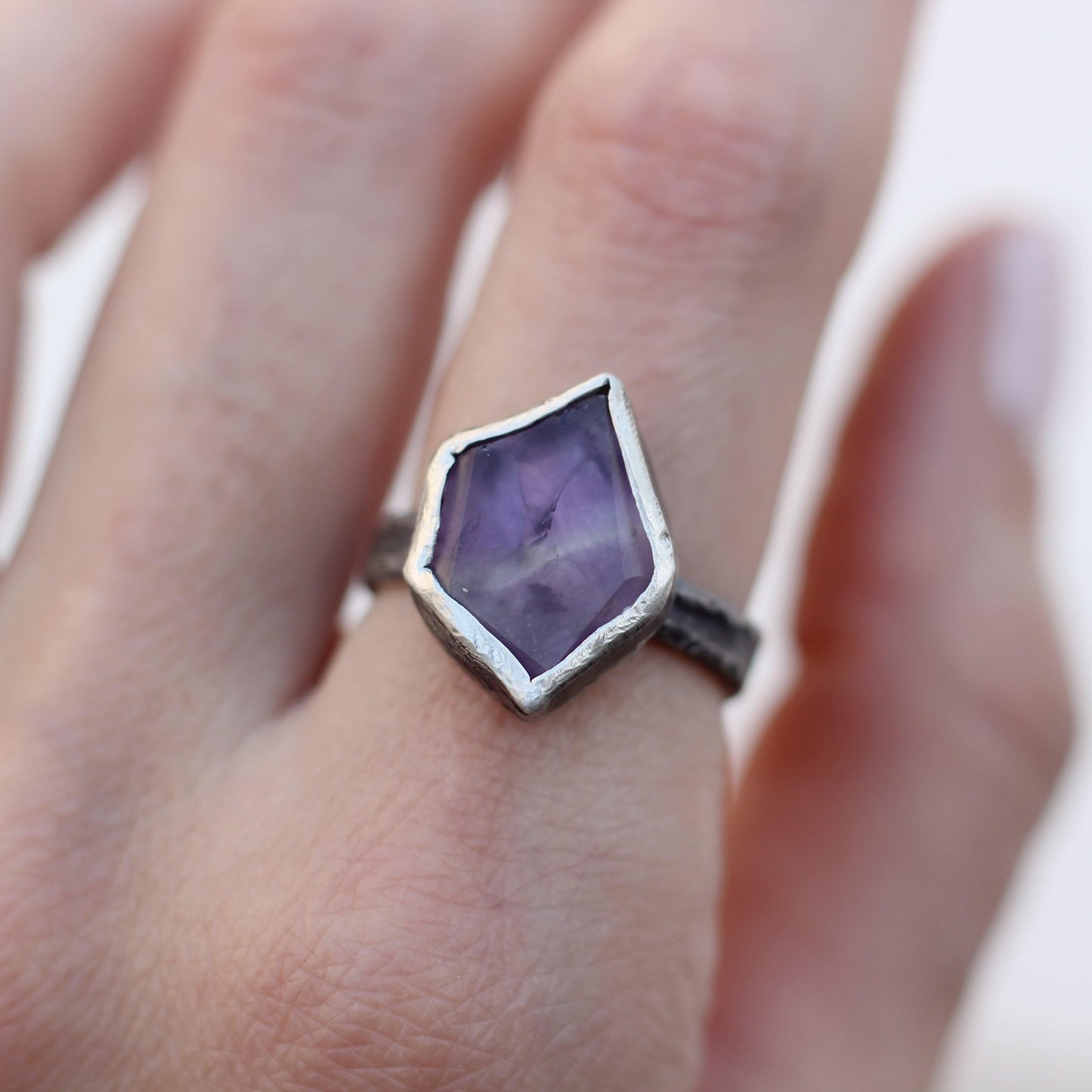 Amethyst Flat Rock Ring - Raw Amethyst on an oxidized silver band