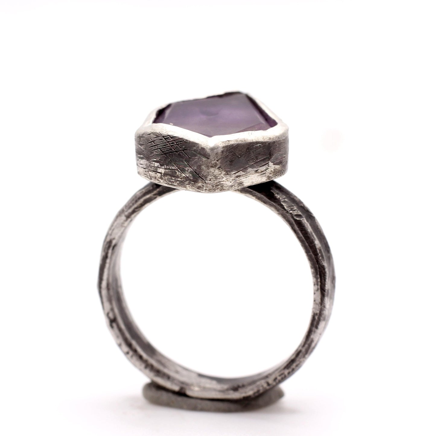 Amethyst Flat Rock Ring - Raw Amethyst on an oxidized silver band