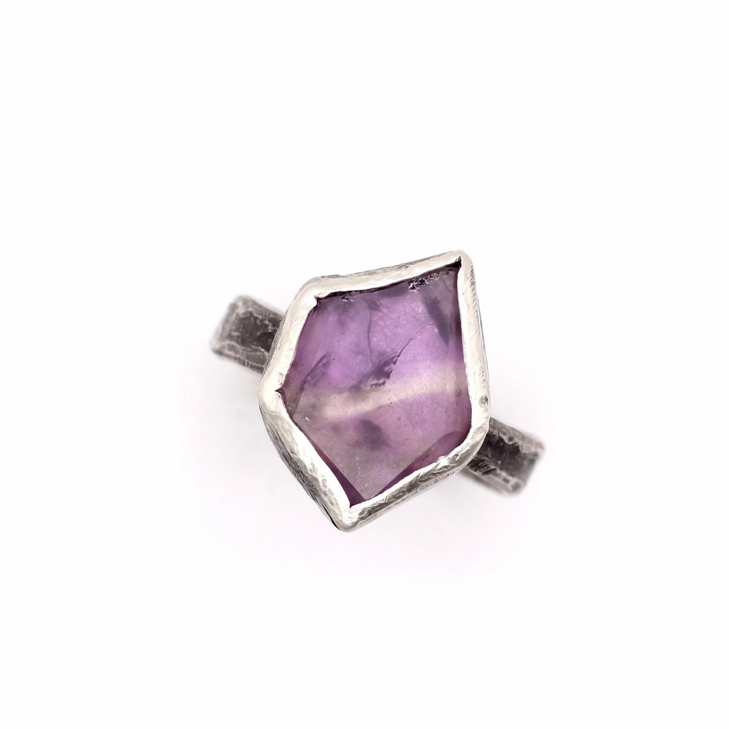 Amethyst Flat Rock Ring - Raw Amethyst on an oxidized silver band