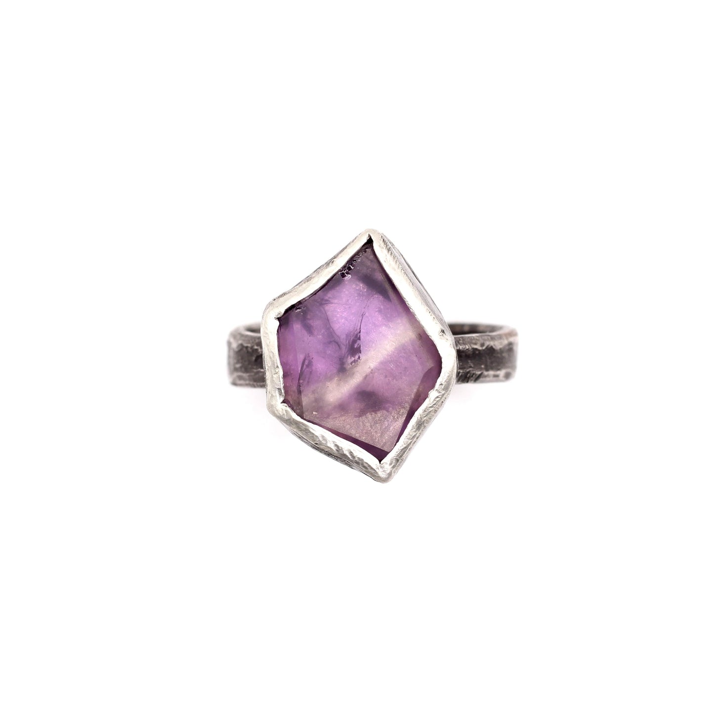 Amethyst Flat Rock Ring - Raw Amethyst on an oxidized silver band