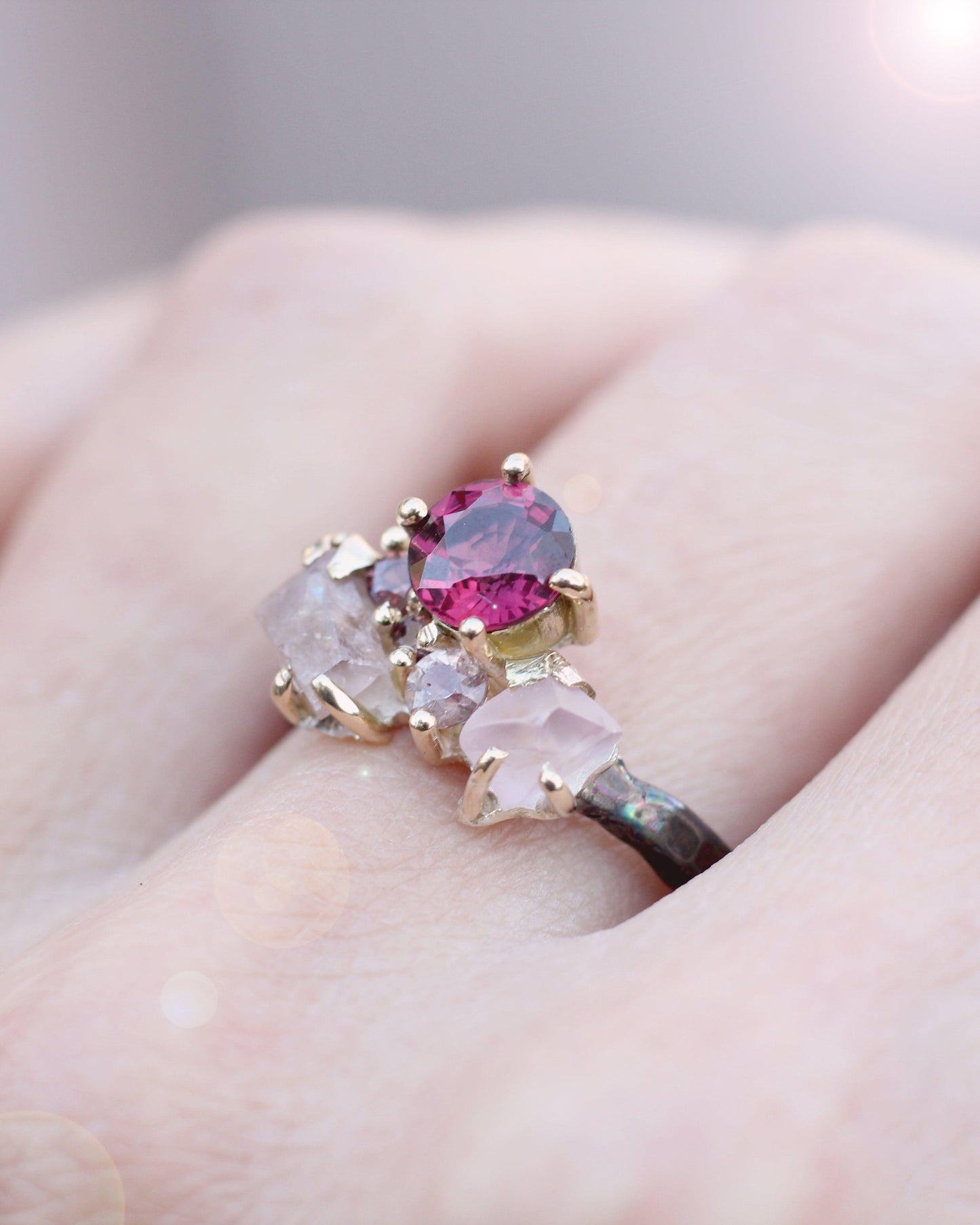 The Kate Ring - Garnet and sapphire cluster ring in textured gold and silver