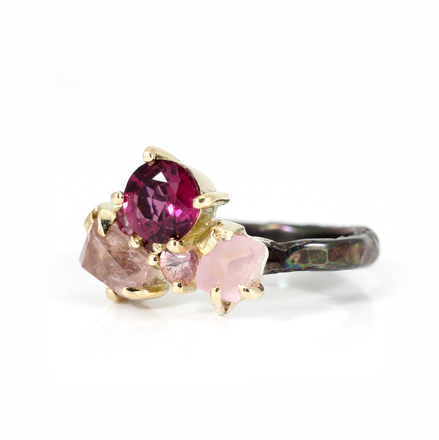 The Kate Ring - Garnet and sapphire cluster ring in textured gold and silver