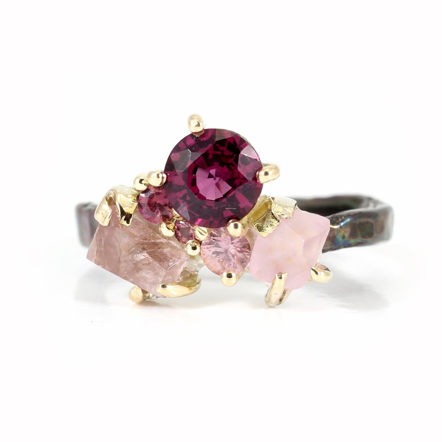 The Kate Ring - Garnet and sapphire cluster ring in textured gold and silver