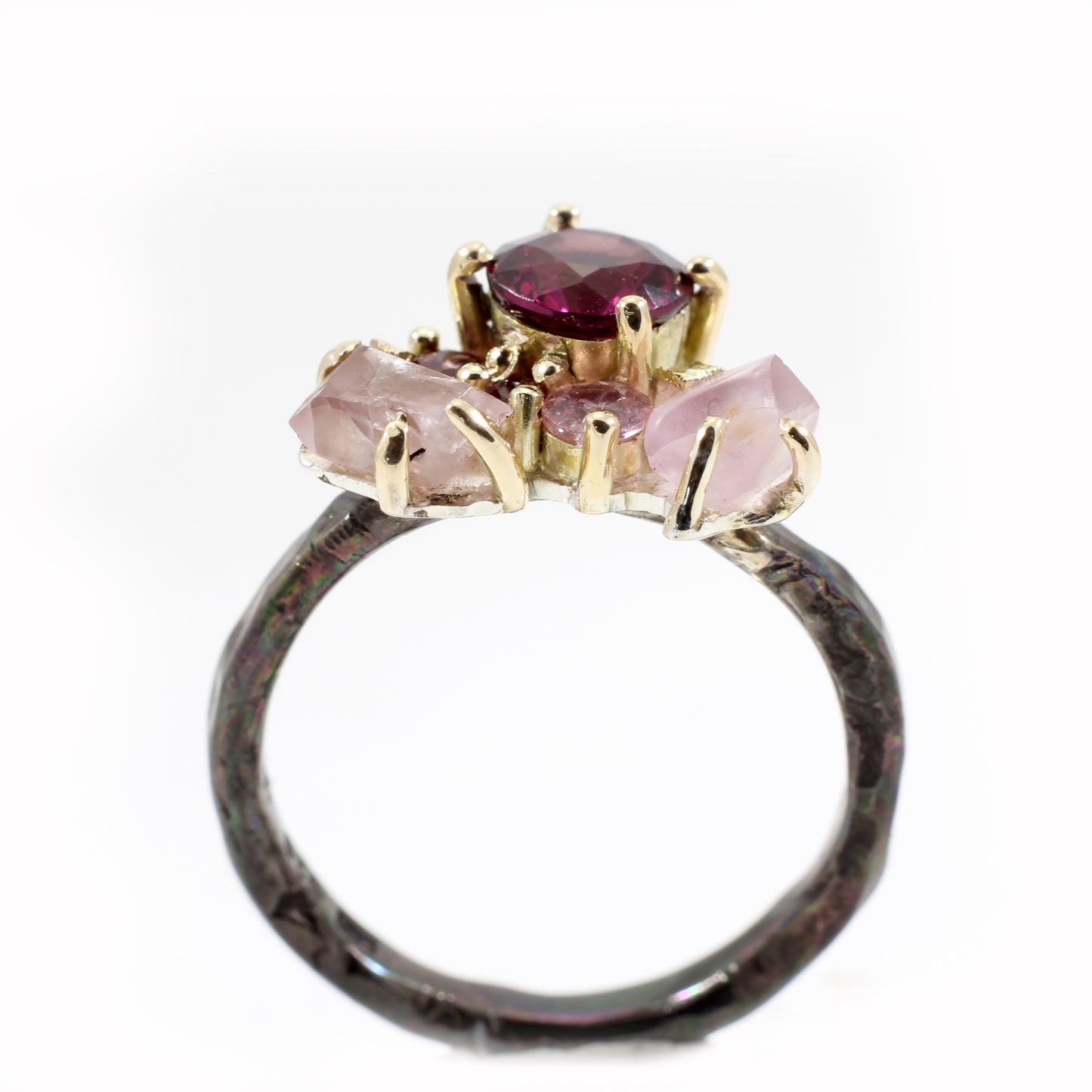 The Kate Ring - Garnet and sapphire cluster ring in textured gold and silver