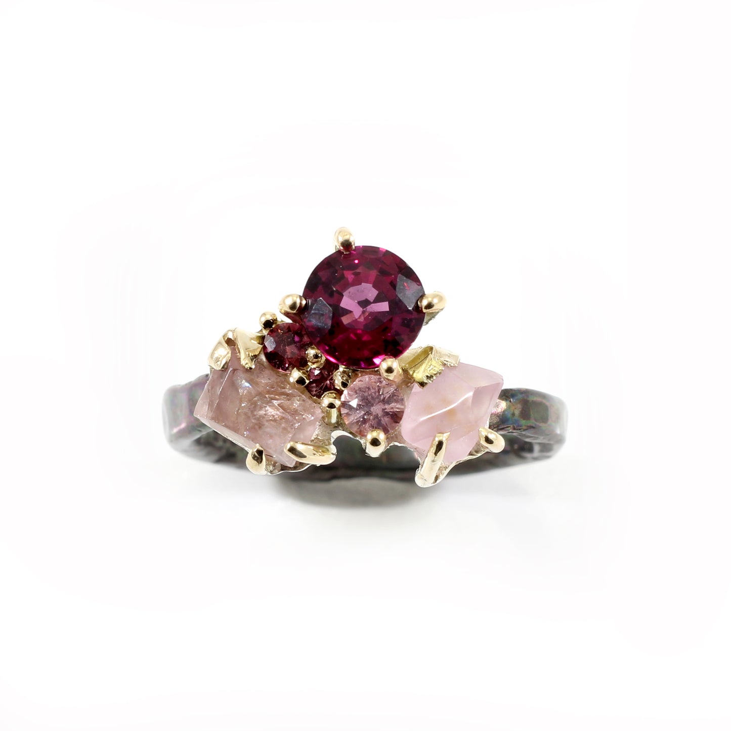 The Kate Ring - Garnet and sapphire cluster ring in textured gold and silver
