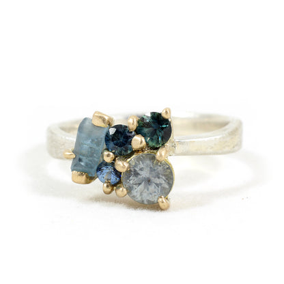 The Cassy Ring - Aquamarine and sapphire cluster ring in textured gold and silver