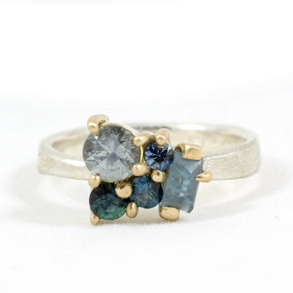 The Cassy Ring - Aquamarine and sapphire cluster ring in textured gold and silver