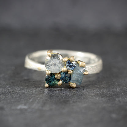 The Cassy Ring - Aquamarine and sapphire cluster ring in textured gold and silver