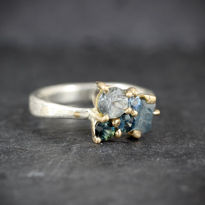 The Cassy Ring - Aquamarine and sapphire cluster ring in textured gold and silver