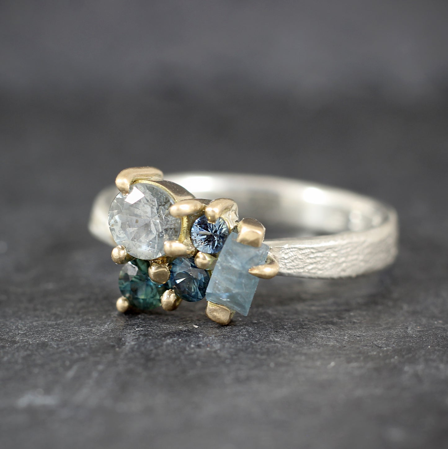 The Cassy Ring - Aquamarine and sapphire cluster ring in textured gold and silver