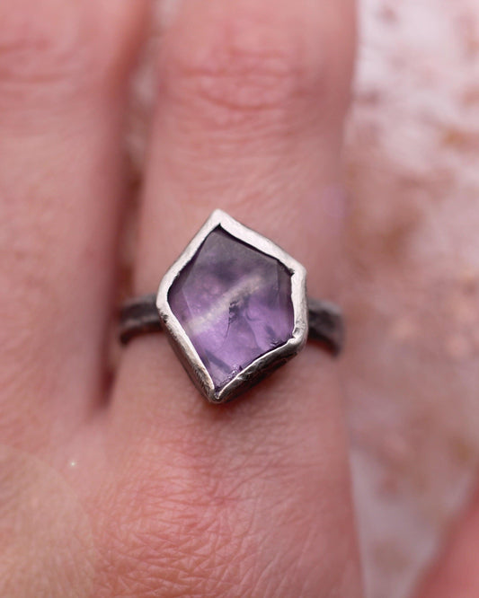 Amethyst Flat Rock Ring - Raw Amethyst on an oxidized silver band