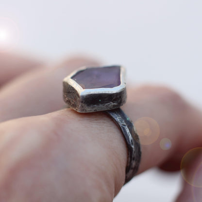 Amethyst Flat Rock Ring - Raw Amethyst on an oxidized silver band