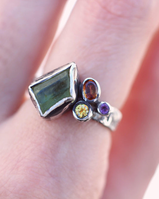 Candice Ring - Citrine, Sapphire and Amethyst Cluster with Textured Silver Band