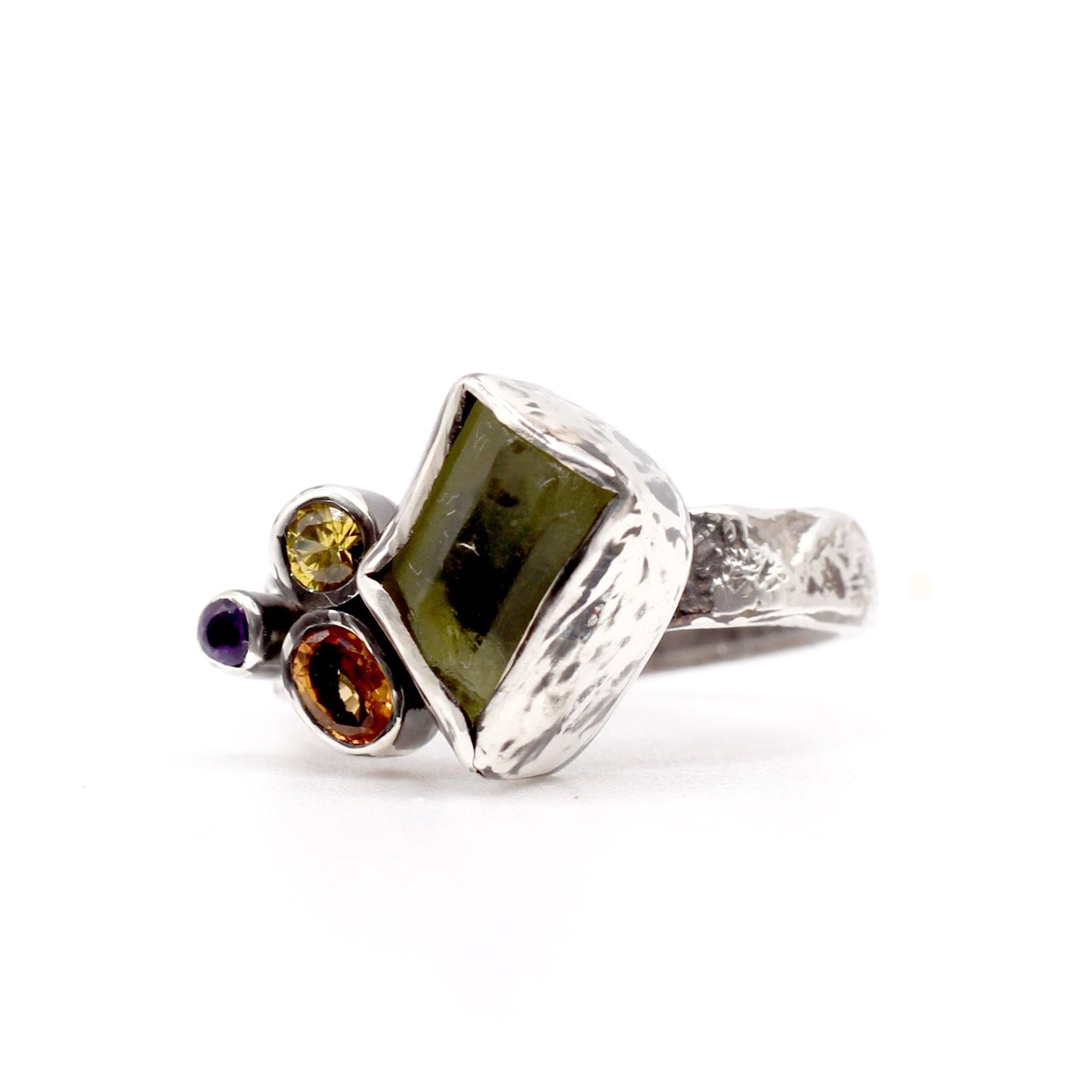 Candice Ring - Citrine, Sapphire and Amethyst Cluster with Textured Silver Band