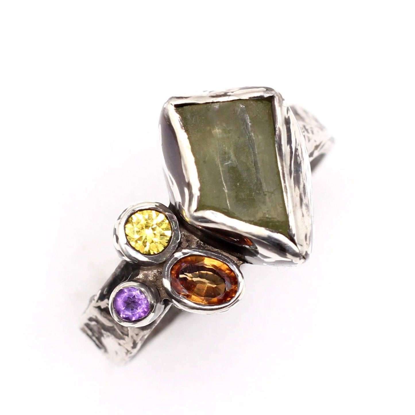 Candice Ring - Citrine, Sapphire and Amethyst Cluster with Textured Silver Band