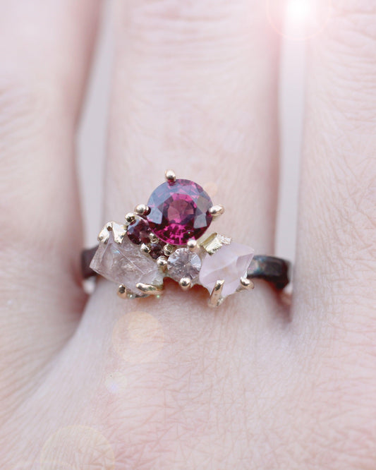 The Kate Ring - Garnet and sapphire cluster ring in textured gold and silver