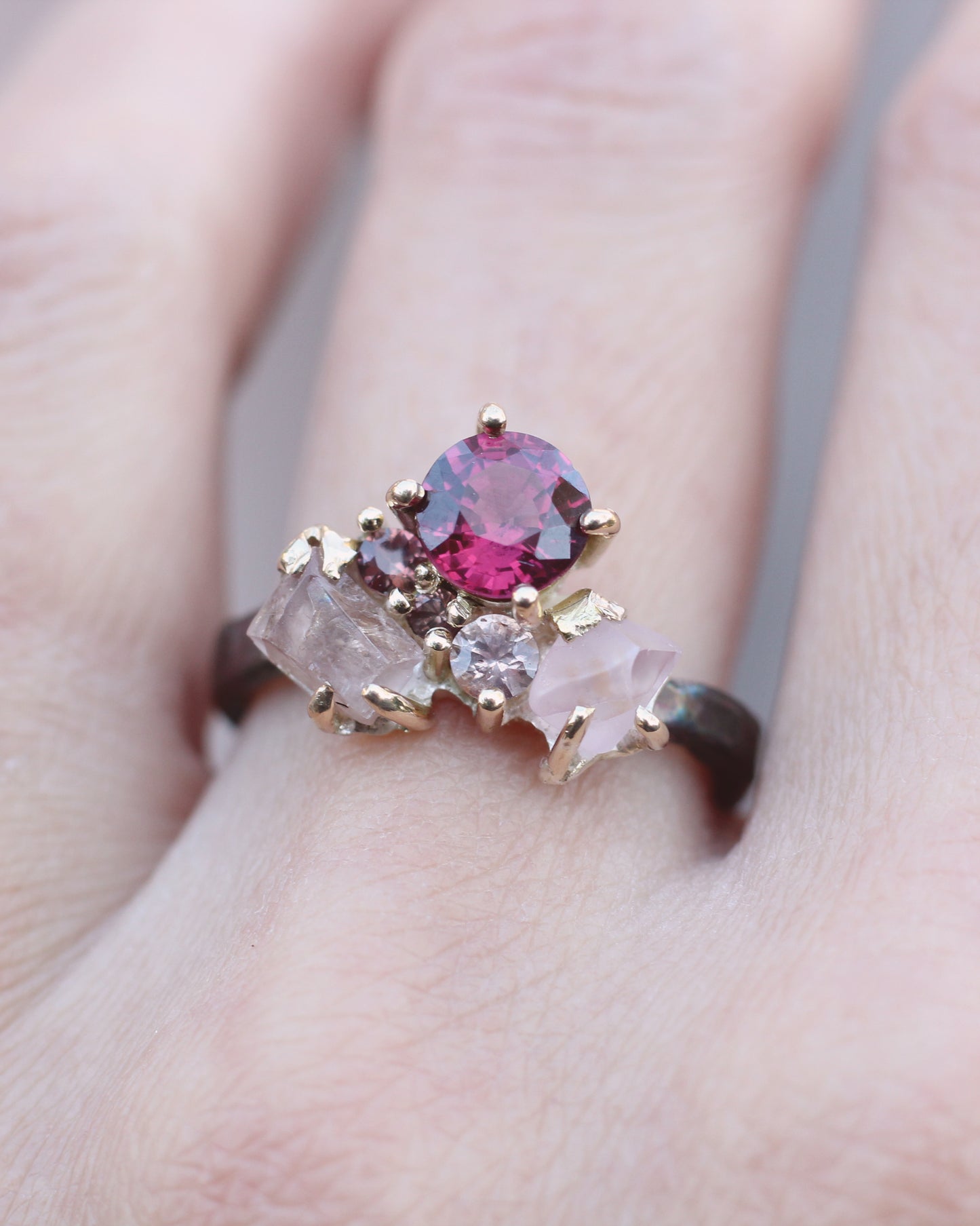 The Kate Ring - Garnet and sapphire cluster ring in textured gold and silver