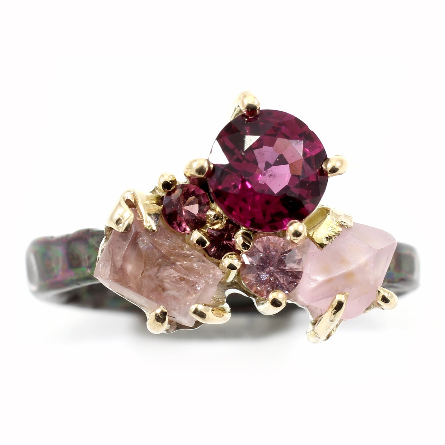 The Kate Ring - Garnet and sapphire cluster ring in textured gold and silver