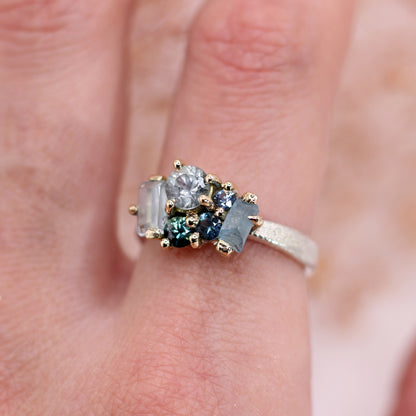 The Sarah Ring - Aquamarine and sapphire cluster ring in textured gold and silver