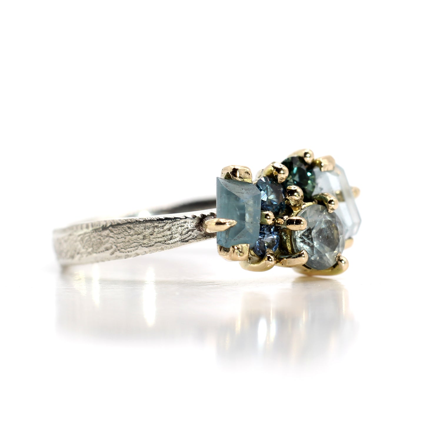 The Sarah Ring - Aquamarine and sapphire cluster ring in textured gold and silver